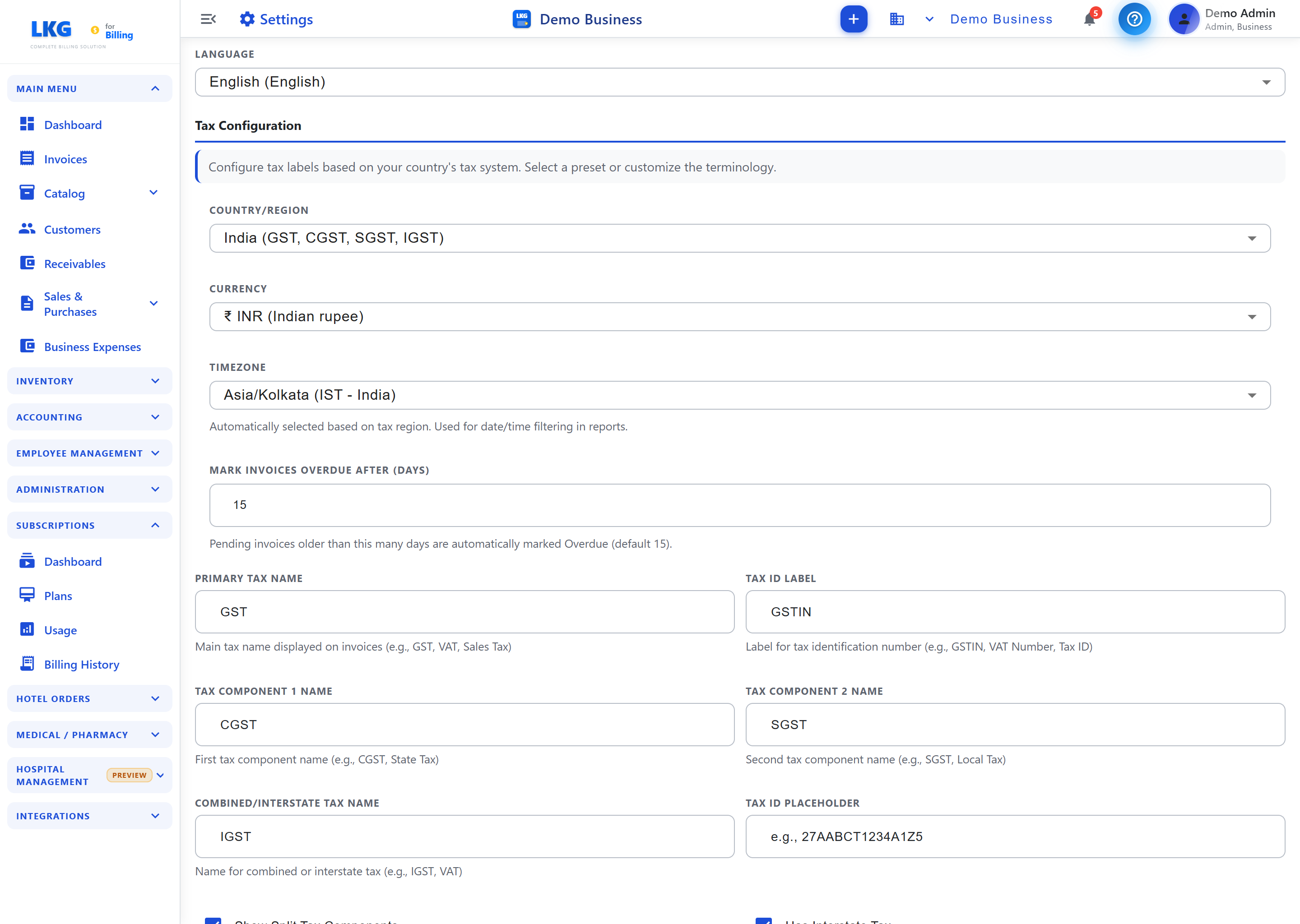 Settings — Language &amp; Tax Configuration